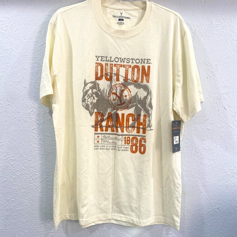 Yellowstone Dutton Ranch Buffalo, NWT, ivory short sleeved tee shirt, men's L.